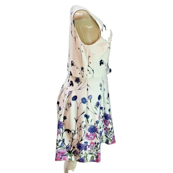 Ivanka Trump 12 White Floral Lined Pleats Side Pockets Zip Back Sleeveless Dress - Picture 3 of 6